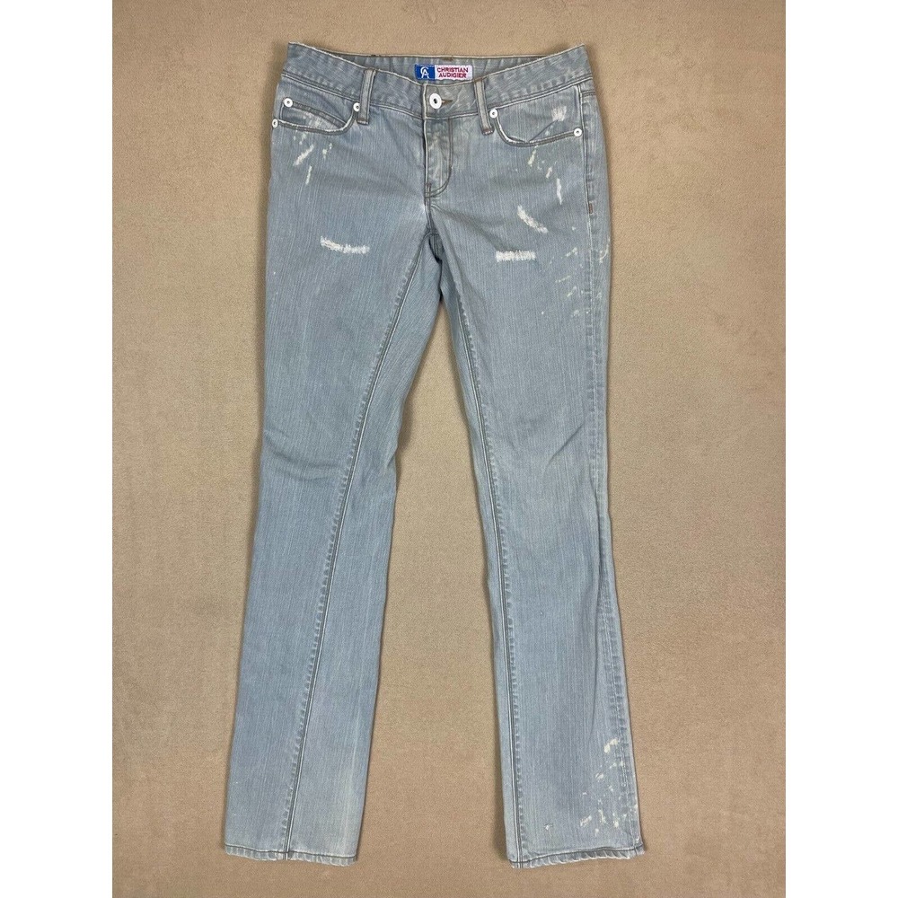 Christian Audigier Womens 28 Jeans Distressed Paint Spray Design Straight‎ Leg